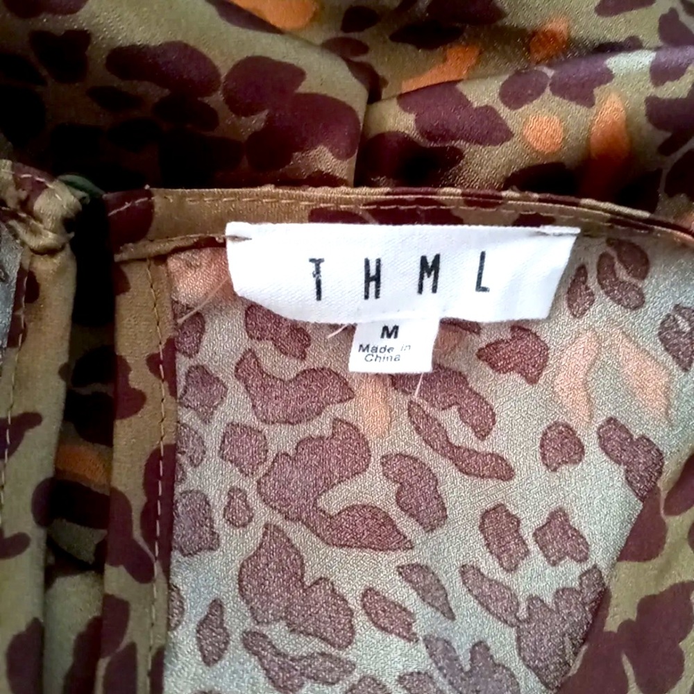THML Top M Cute Olive Green & Brown Satin Leopard Print Rolled Hem Shirt Blouse - Picture 6 of 8